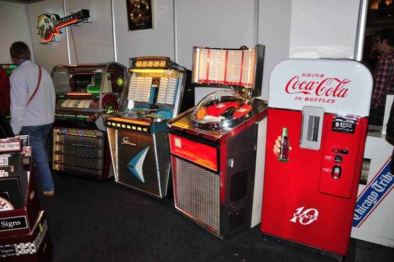 restored RockOla and AMI Continental jukebox, coca cola vendo machine